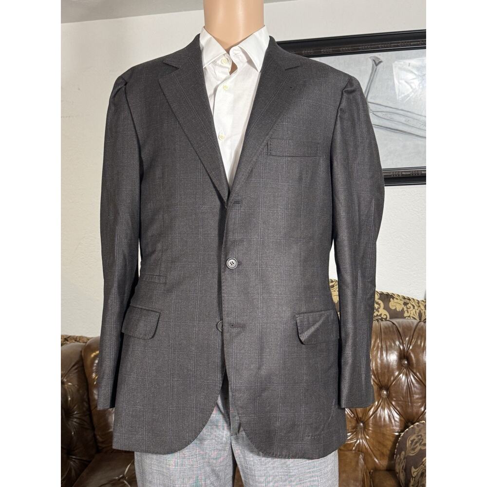 Brunello Cucinelli Virgin Wool Brown Blue Plaid Sportcoat Jacket Men’s 50/40